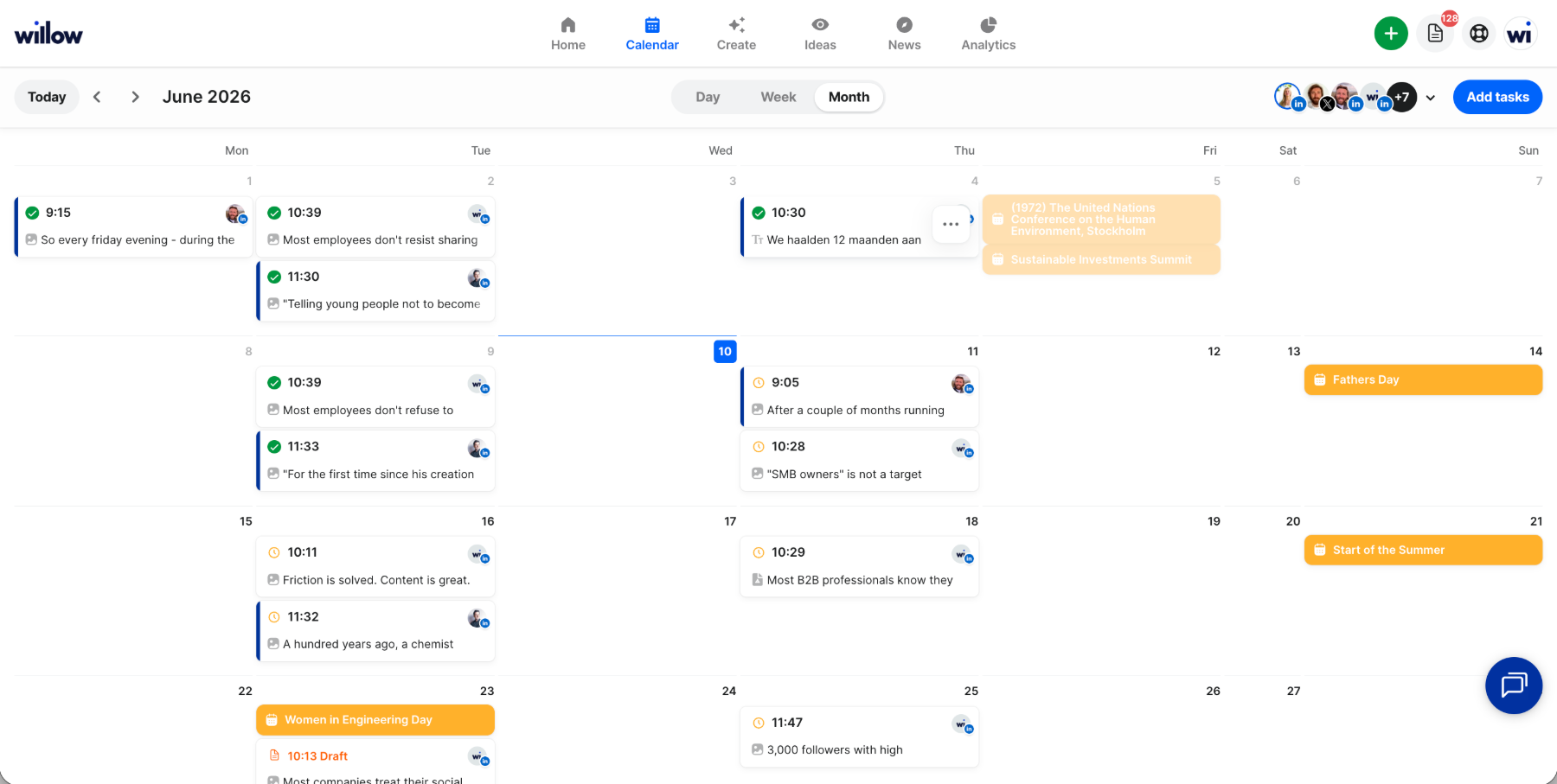 The Willow calendar — month view with scheduled and published posts across the team's LinkedIn profiles, plus suggested calendar moments like Fathers Day
