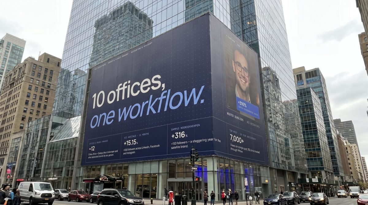Acs Accountants on a Manhattan building wrap reading '10 offices, one workflow.'
