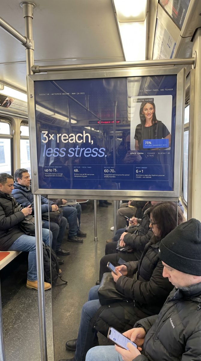 Sophie Corona's BlueSalt HR on a metro car interior reading '3× reach, less stress.'