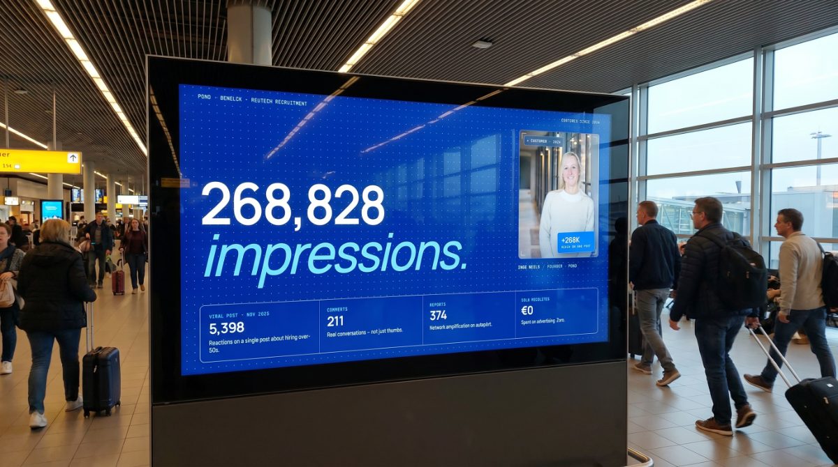 Pono on an airport terminal screen reading '268,828 impressions.'