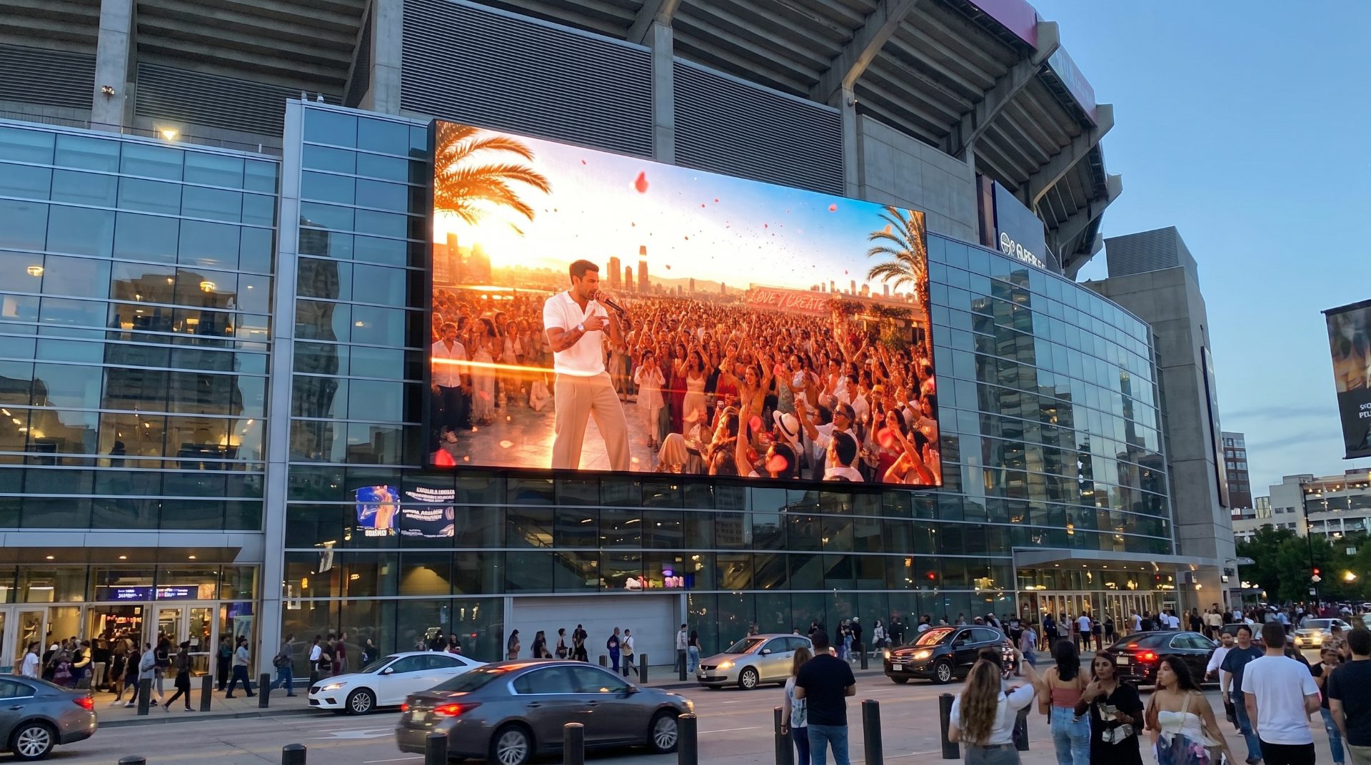 Lanceringsfilm van Willow Create op een stadionscherm bij zonsondergang — het einde van het blanco blad