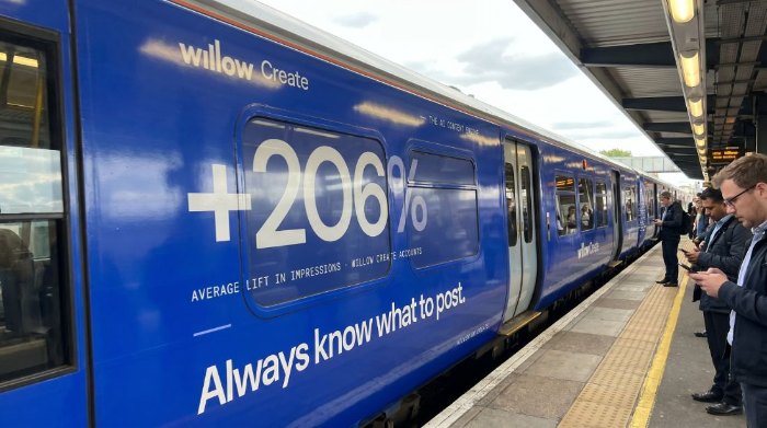 Willow Create-treinbestickering met de tekst '+206% gemiddelde stijging in impressies — weet altijd wat je moet posten.'