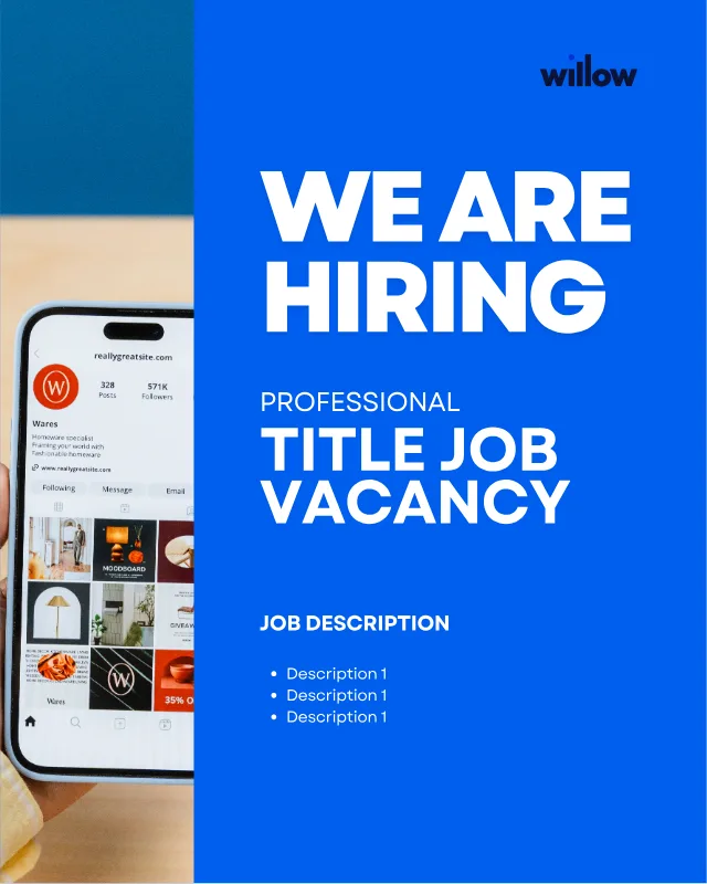 The hiring template: WE ARE HIRING set large beside a photo of a phone, above a job vacancy title and a short bulleted job description.