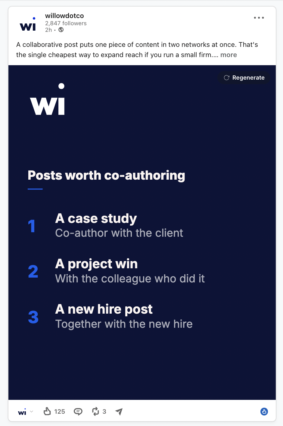A Willow list visual on LinkedIn: a navy card headed "Posts worth co-authoring" with three numbered items, each with a short subline.