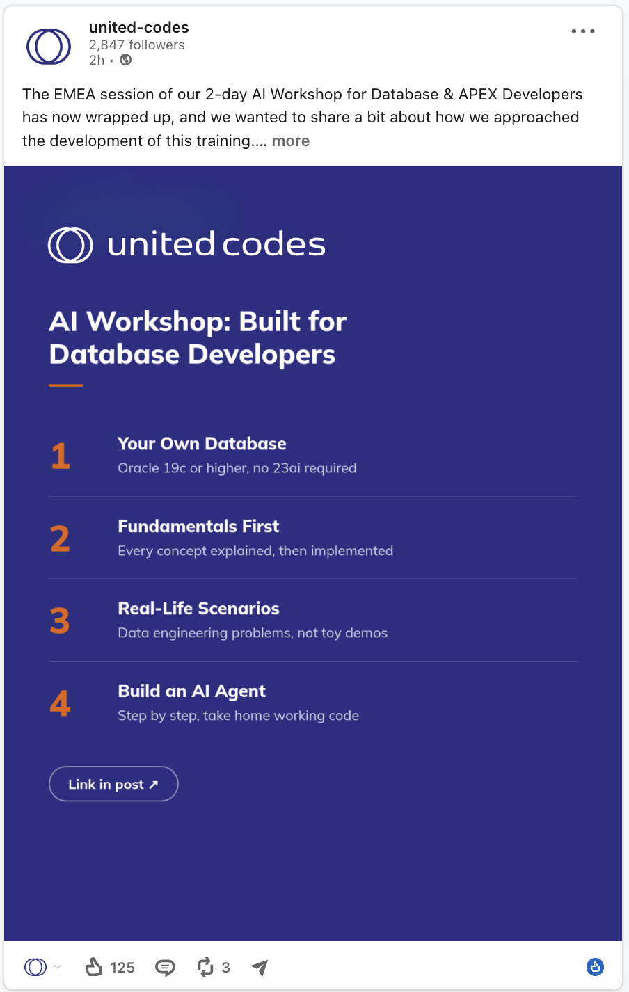 A Willow list visual as published on LinkedIn for United Codes: a navy card headed "AI Workshop: Built for Database Developers" with four numbered points, each with a subline, and a "Link in post" button.