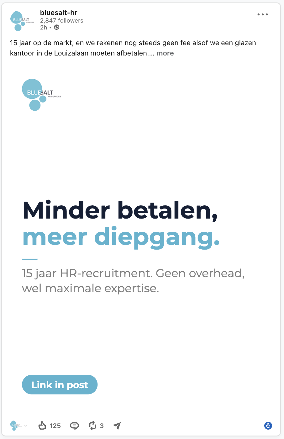 A Willow quote visual as published on LinkedIn for Bluesalt HR: a two-tone headline reading "Minder betalen, meer diepgang" over white, with a supporting line about 15 years in HR recruitment and a "Link in post" button.