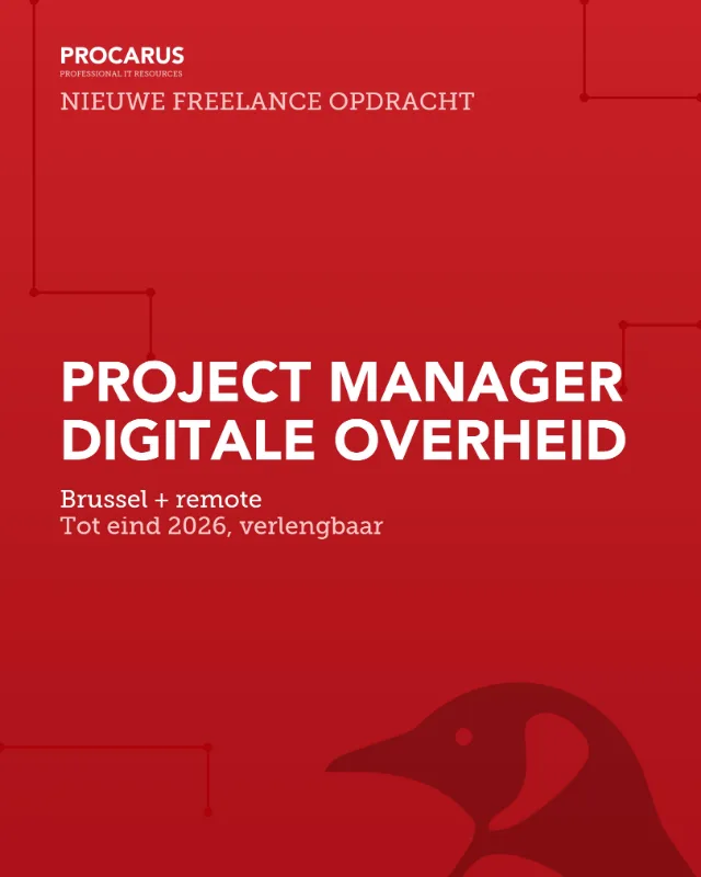 A custom vacancy carousel designed for Procarus: a Project Manager Digitale Overheid title in white on the firm's deep red brand ground, with its logo and penguin motif.