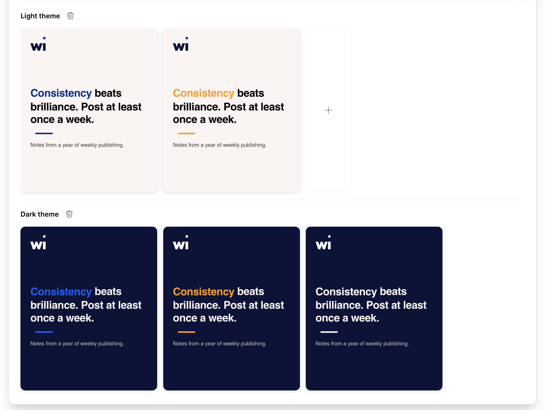 Willow's theme picker: a light theme row and a dark theme row, each holding the same quote visual in a different accent colour — blue, orange and white.