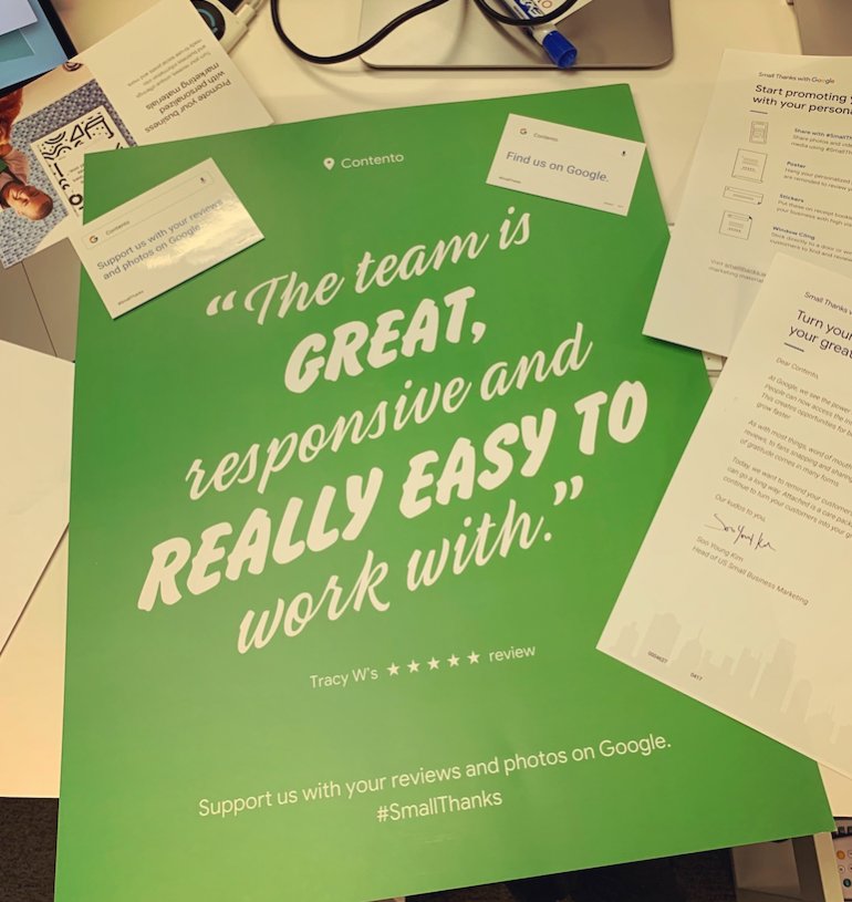 Een Google Small Thanks-poster: 'The team is great, responsive and really easy to work with.'