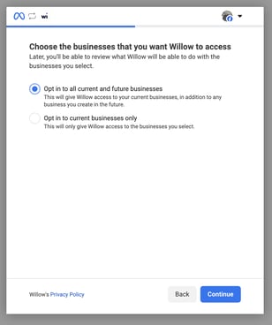 Opt in to all current and future businesses screen