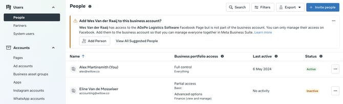 Meta Business Suite People settings showing Full Control and Partial Access