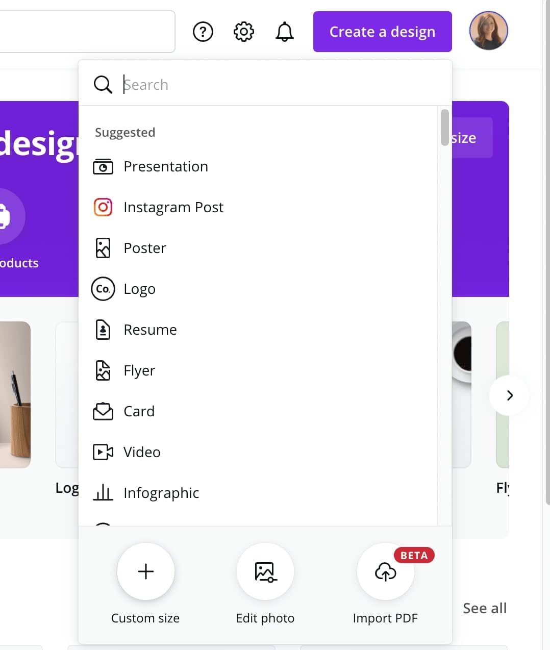 Choosing dimensions in Canva