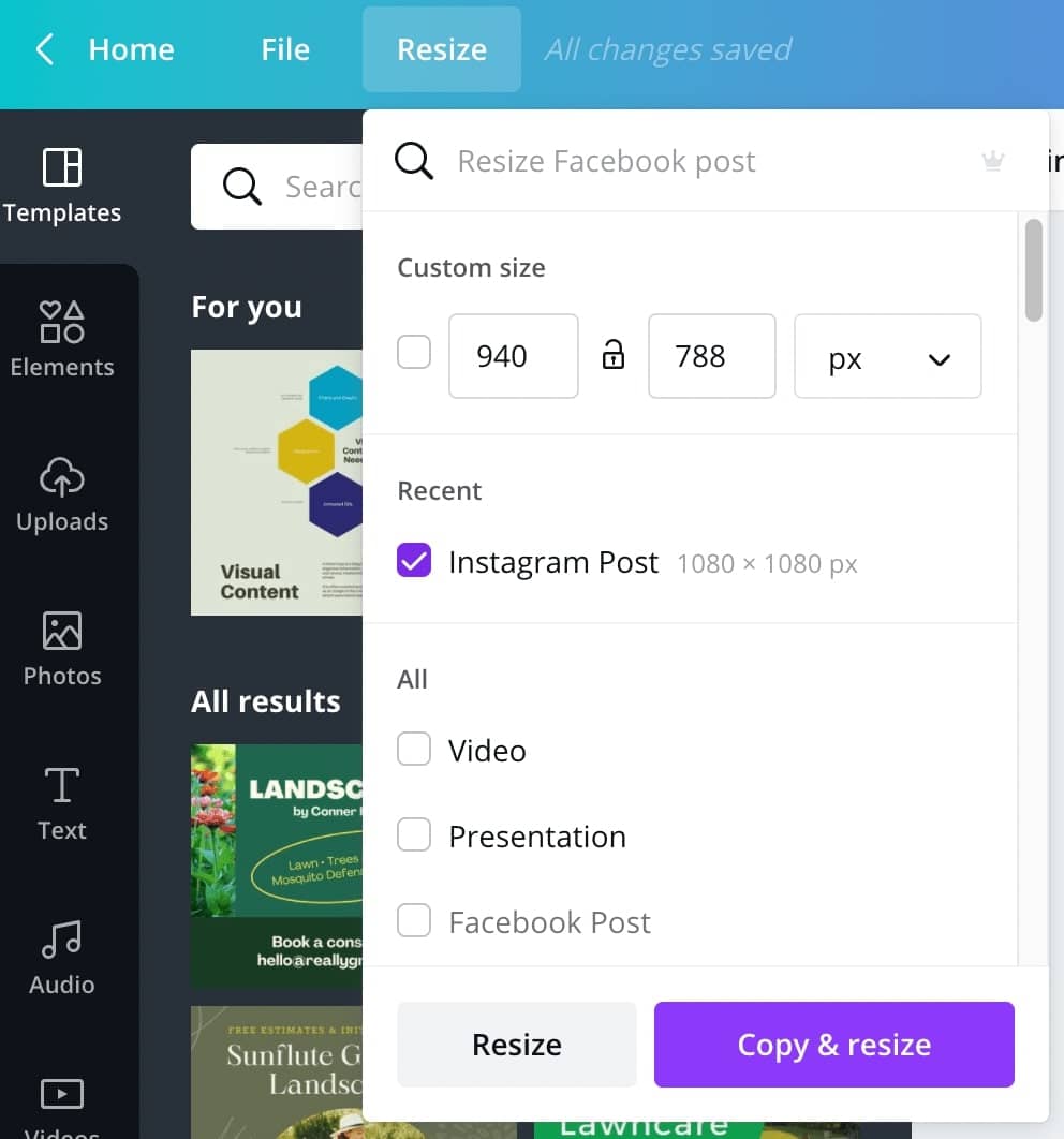 Copy and resize feature in Canva