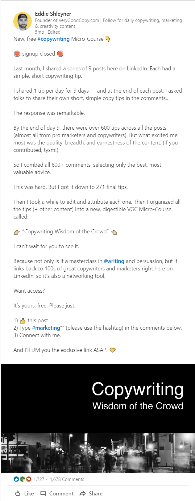 A lead-generating LinkedIn post offering value to marketers and copywriters