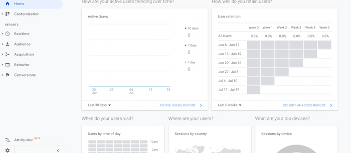 Google Analytics reports menu