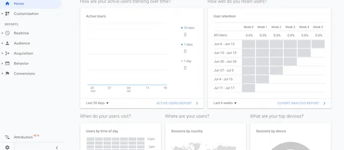 Google Analytics reports menu