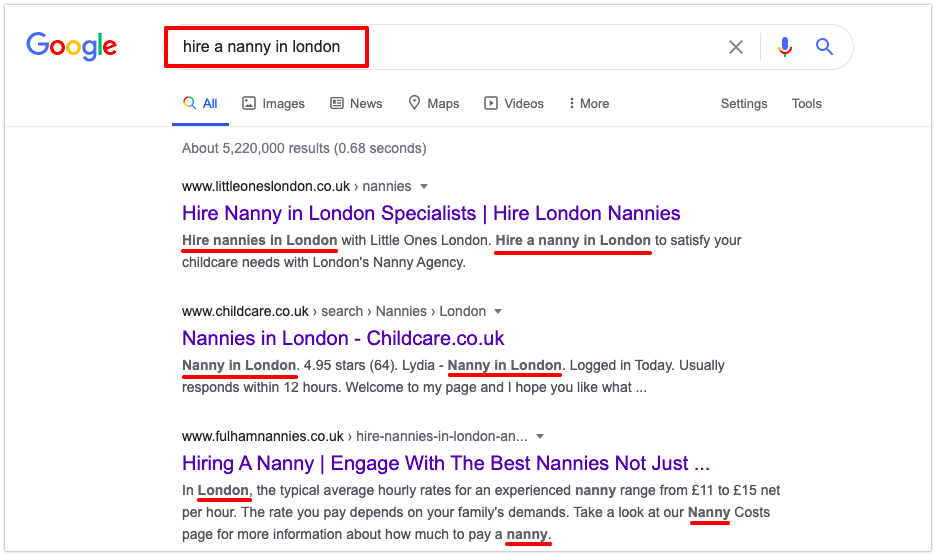 Example of title tag and meta description in Google search results