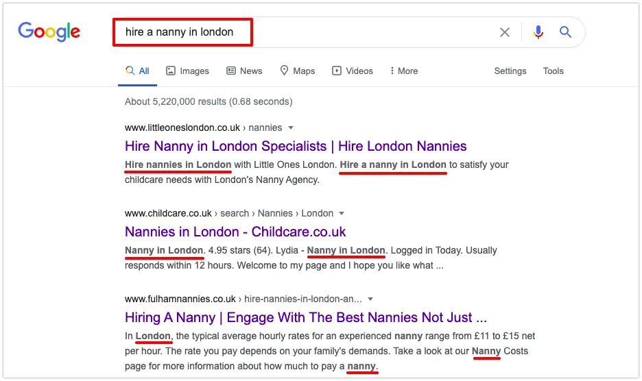 Example of title tag and meta description in Google search results