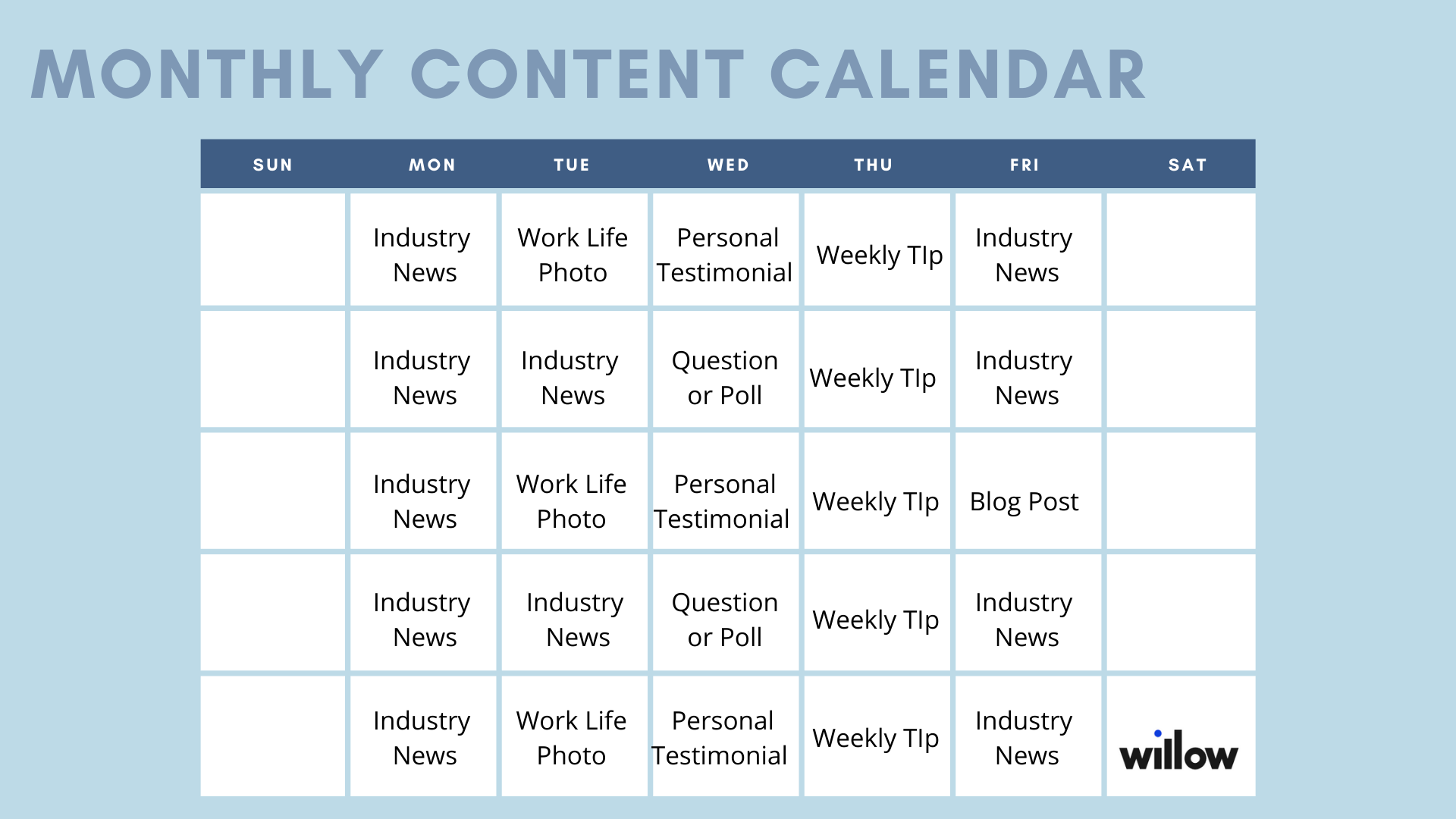 Example monthly content calendar