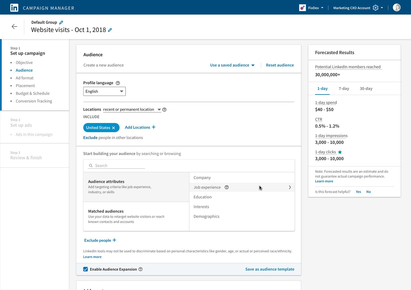 Step 2 in LinkedIn Campaign Manager: narrowing down the target audience