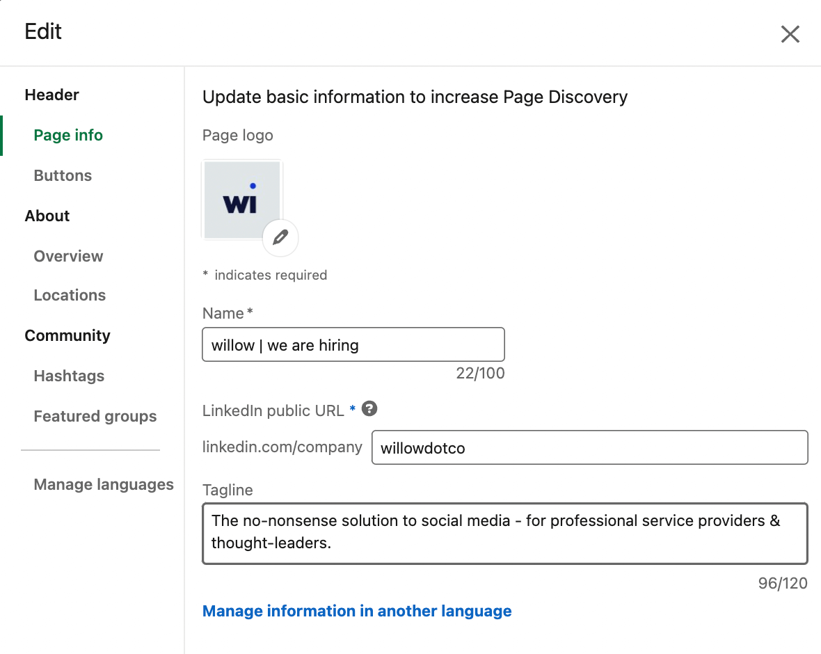 LinkedIn page info settings
