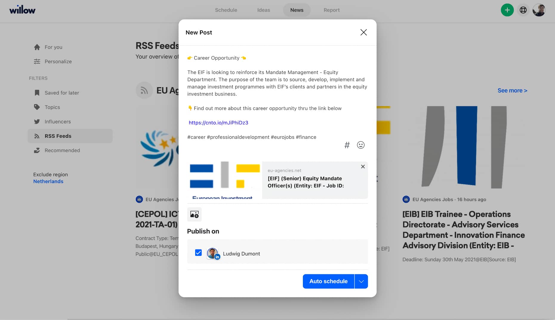 Open job vacancies pulled into Willow from an RSS feed