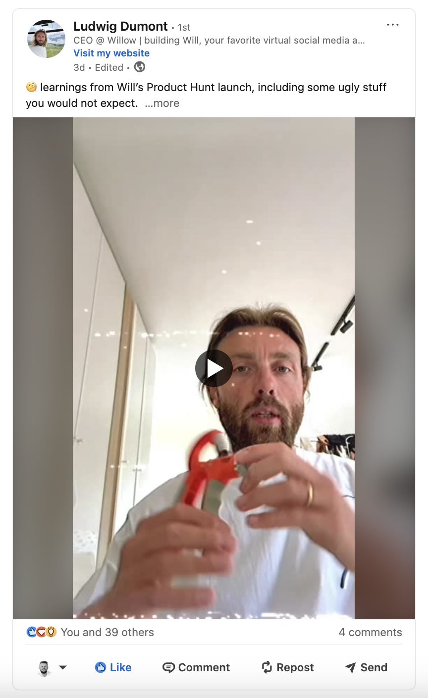Ludwig's LinkedIn video about the Product Hunt Launch