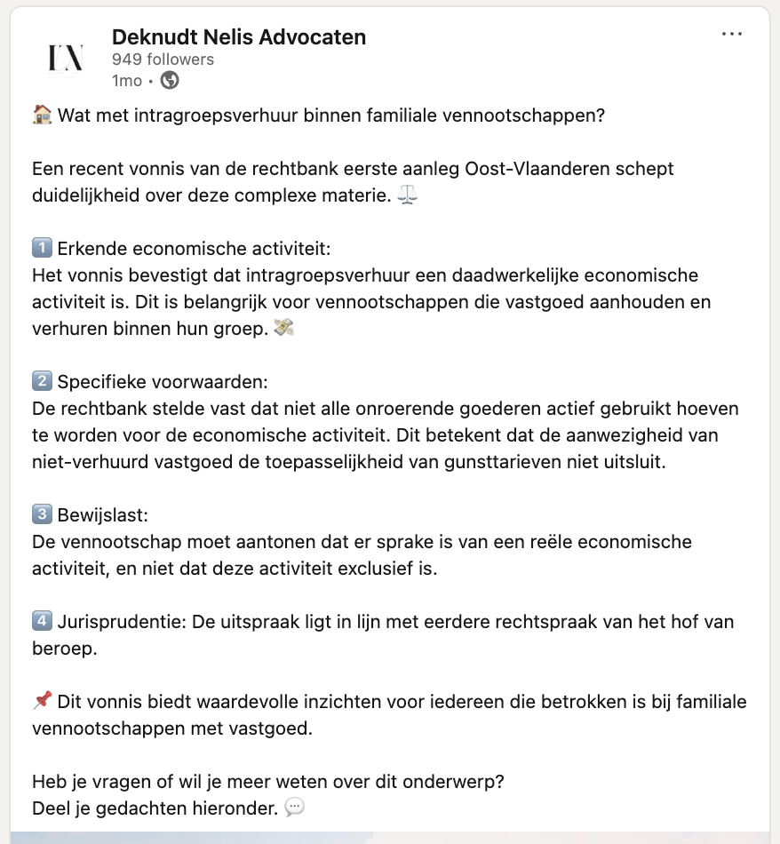 Deknudt Nelis Advocaten shares insights on LinkedIn