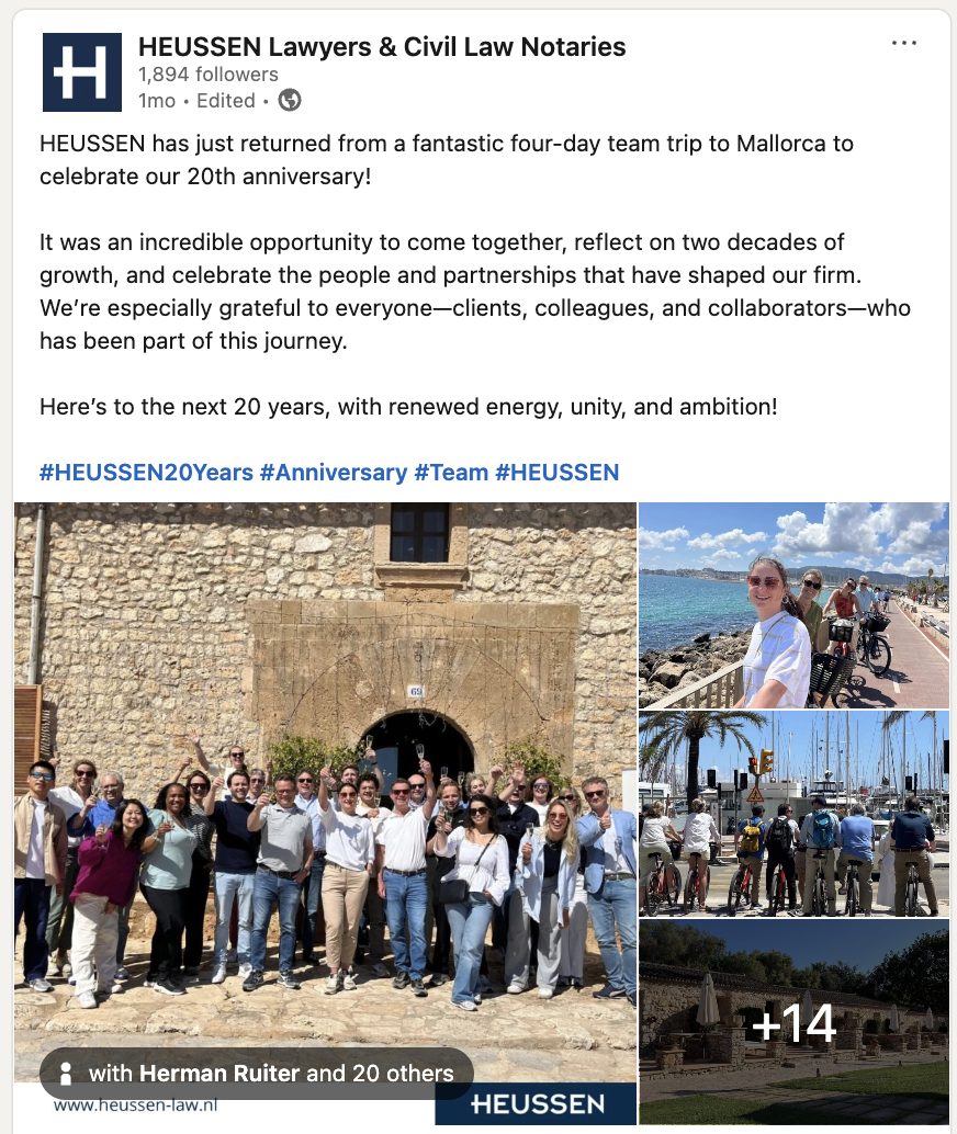 Heussen Lawyers share a photo of their office trip to Mallorca on LinkedIn