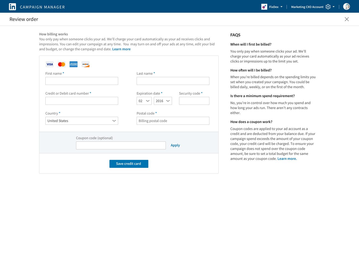 Step 6 in LinkedIn Campaign Manager: setting up billing details