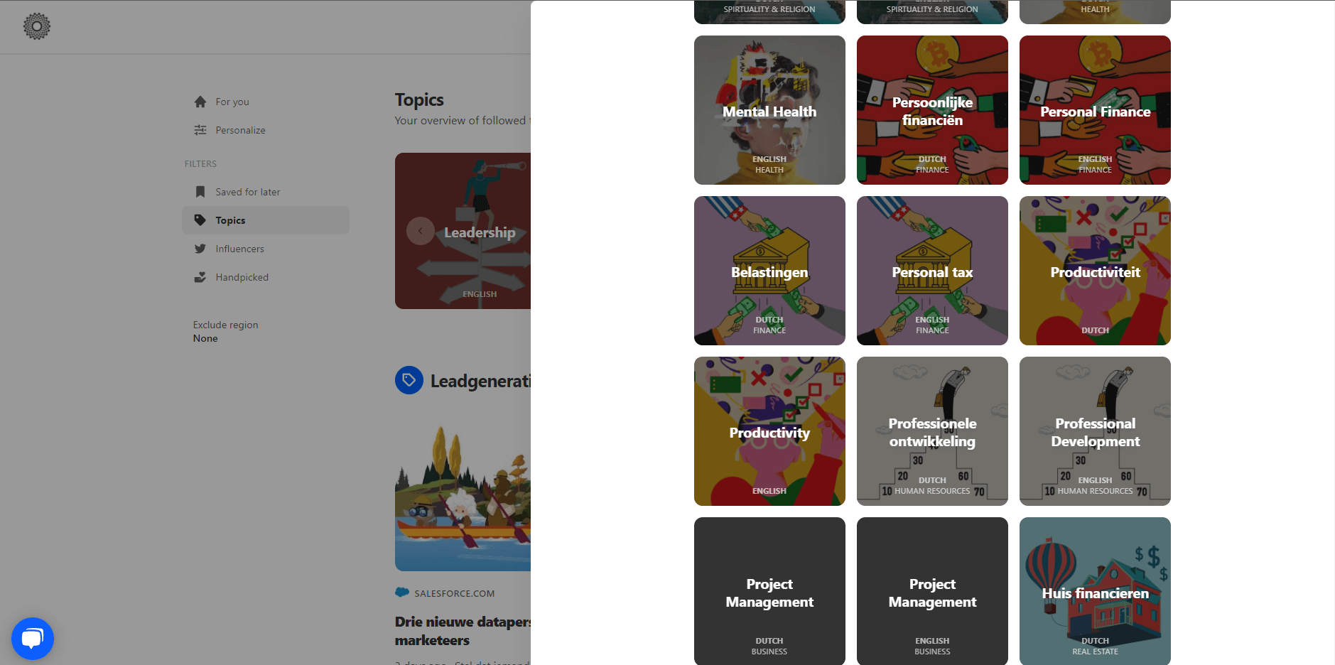 The Willow dashboard showing articles organised by topic