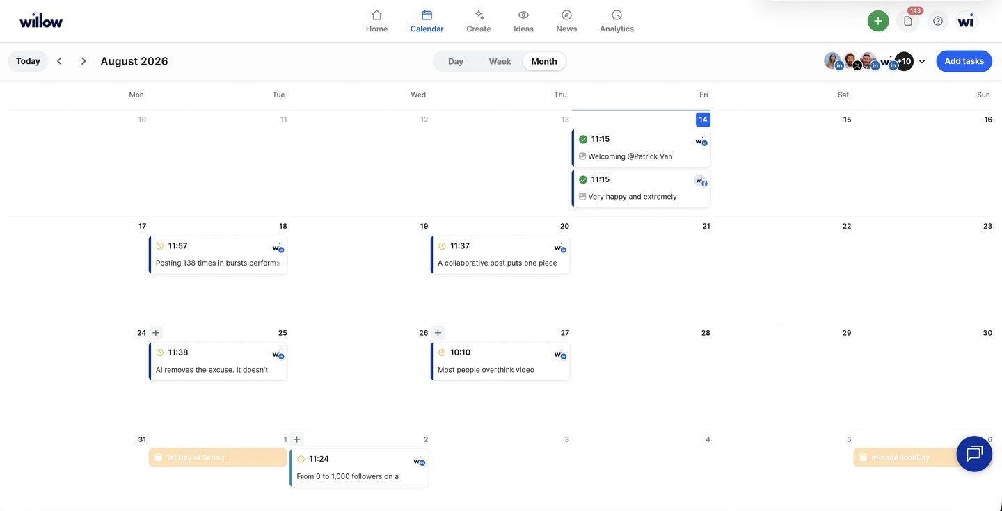 Willow calendar month view with scheduled posts