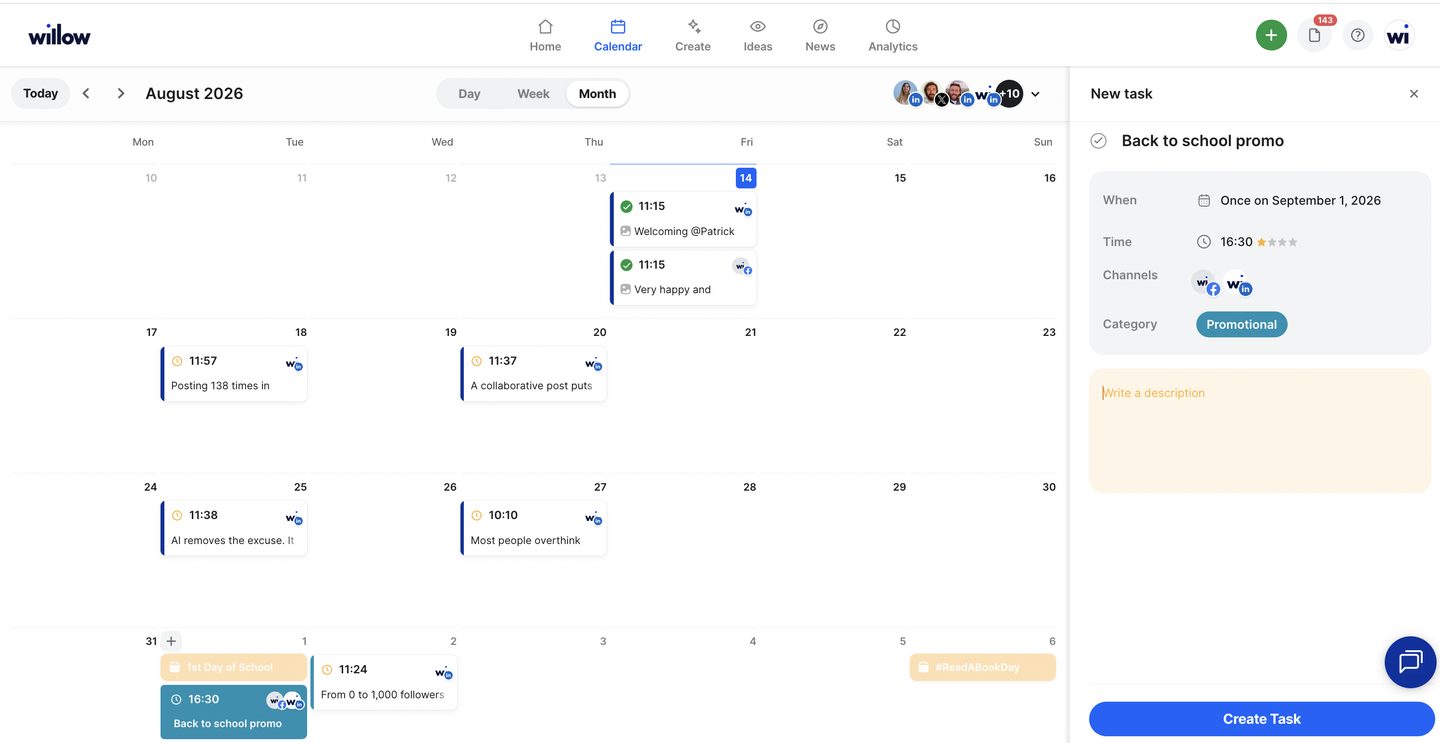 The New task panel with When, Time, Channels and Category fields