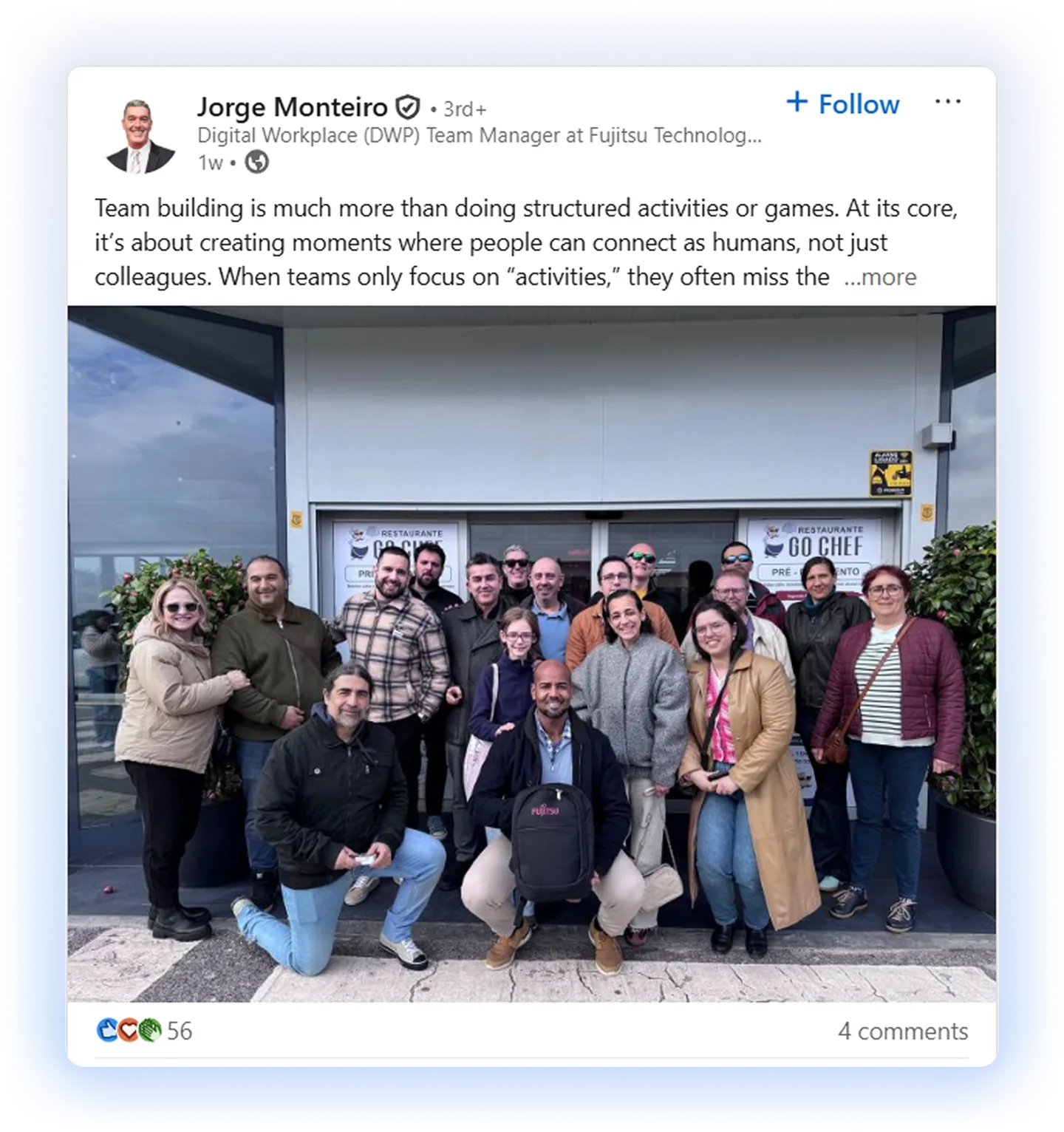 Social media post about a team building with a team photo