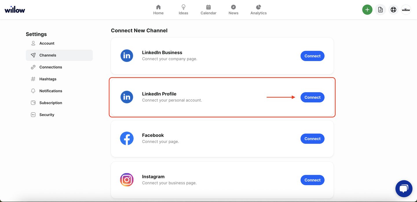 how to connect your personal linkedin profile to willow screenshot 2