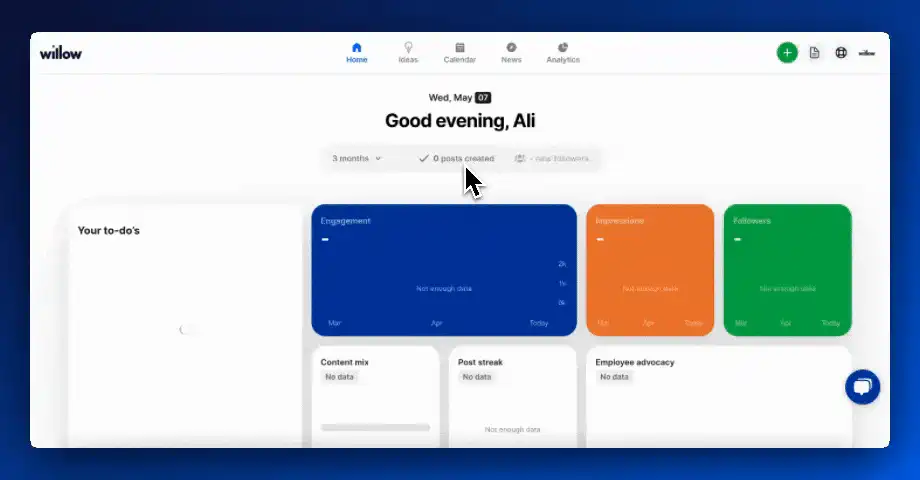 Animation of the Willow Home dashboard after connecting, with the navigation and an empty stats overview