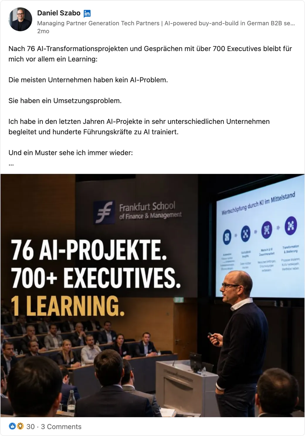 Daniel Szabo's LinkedIn post about AI projects that never reach the P&L