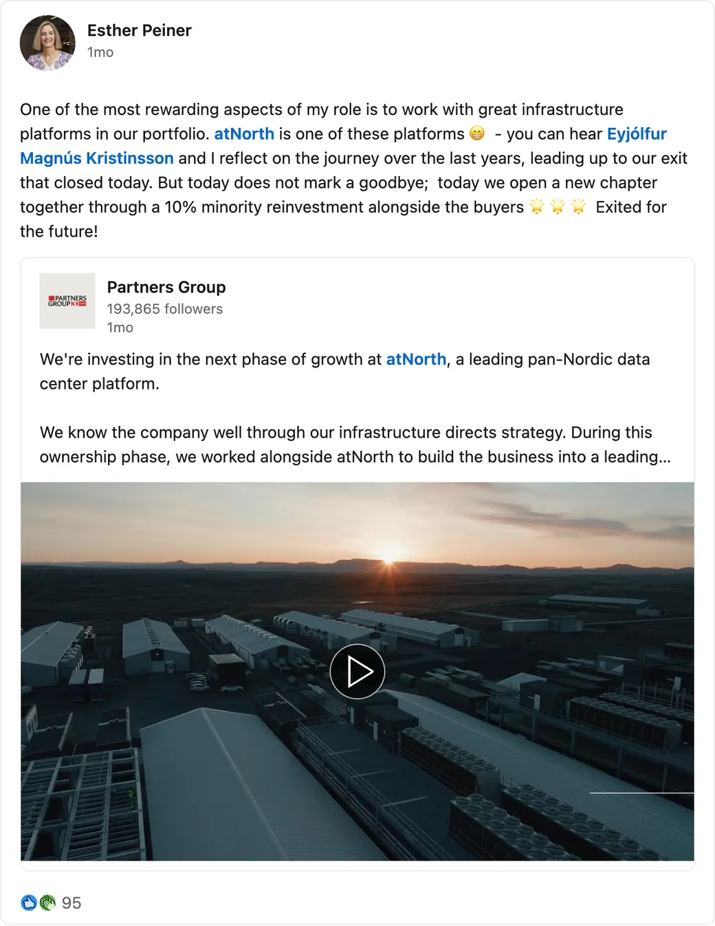 Esther Peiner's LinkedIn post about the atNorth data-centre exit