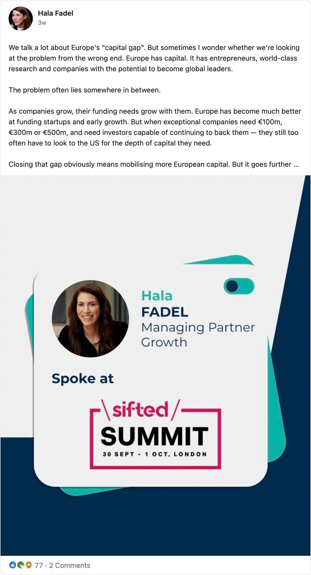 Hala Fadel's LinkedIn post about Europe's capital gap for scale-ups