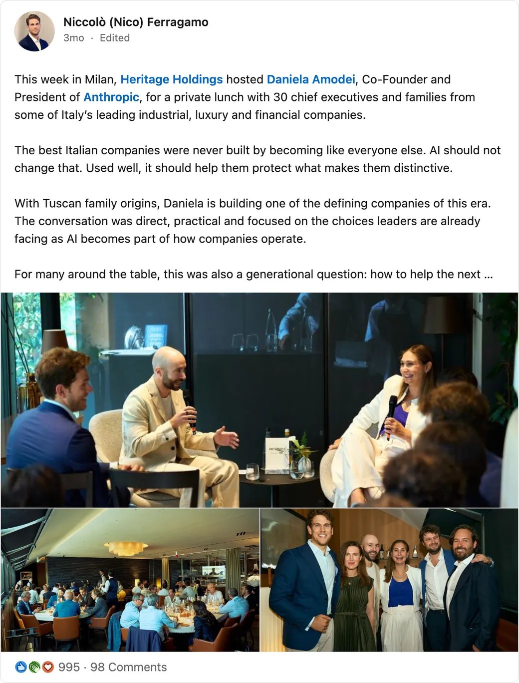 Niccolò Ferragamo's LinkedIn post about a Heritage lunch in Milan with Anthropic co-founder Daniela Amodei