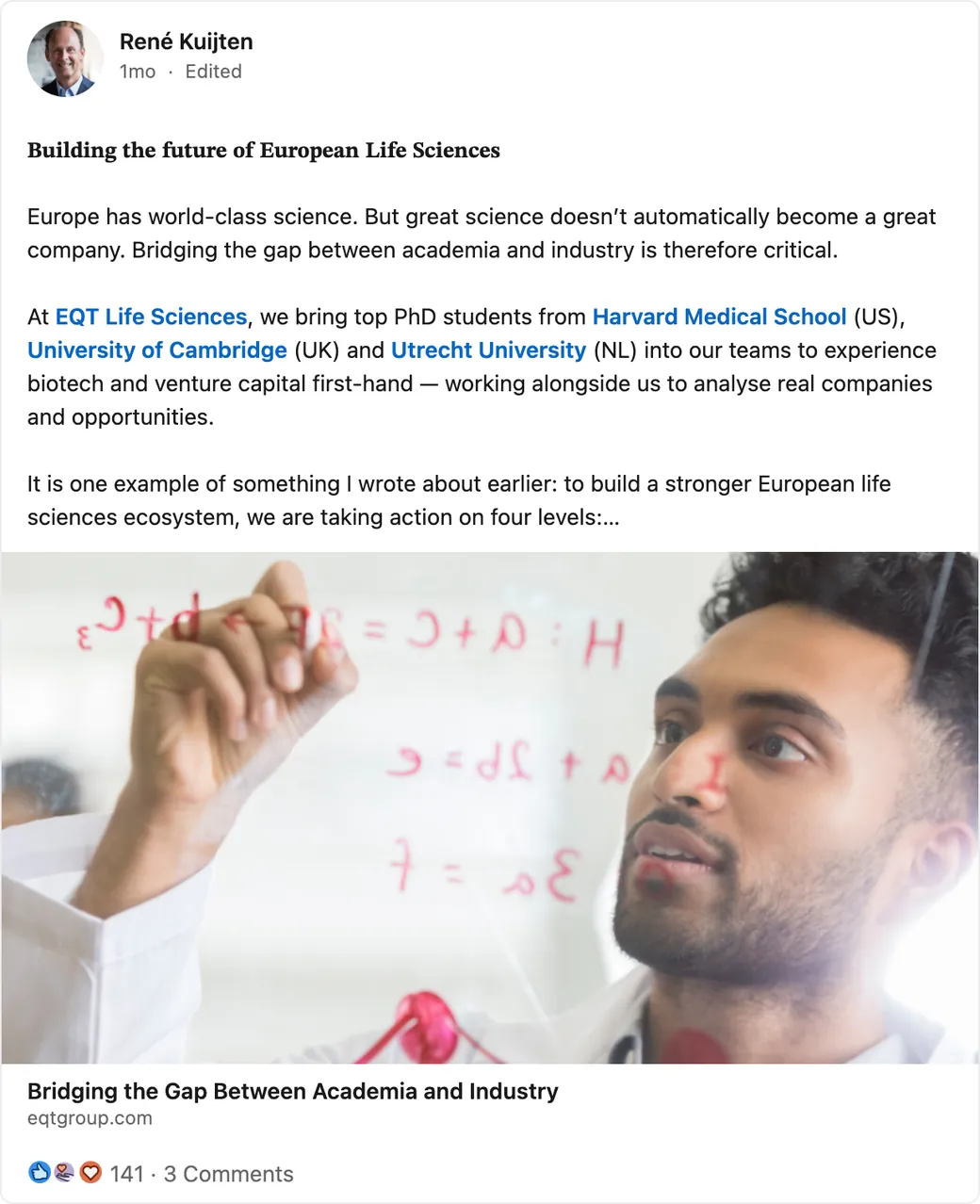 René Kuijten's LinkedIn post about turning European science into companies