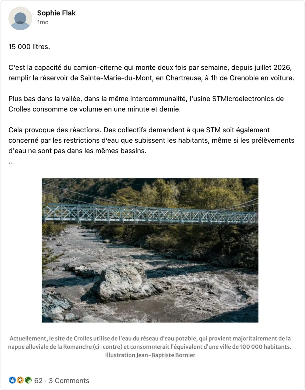 Sophie Flak's LinkedIn post about water use by a chip plant near Grenoble