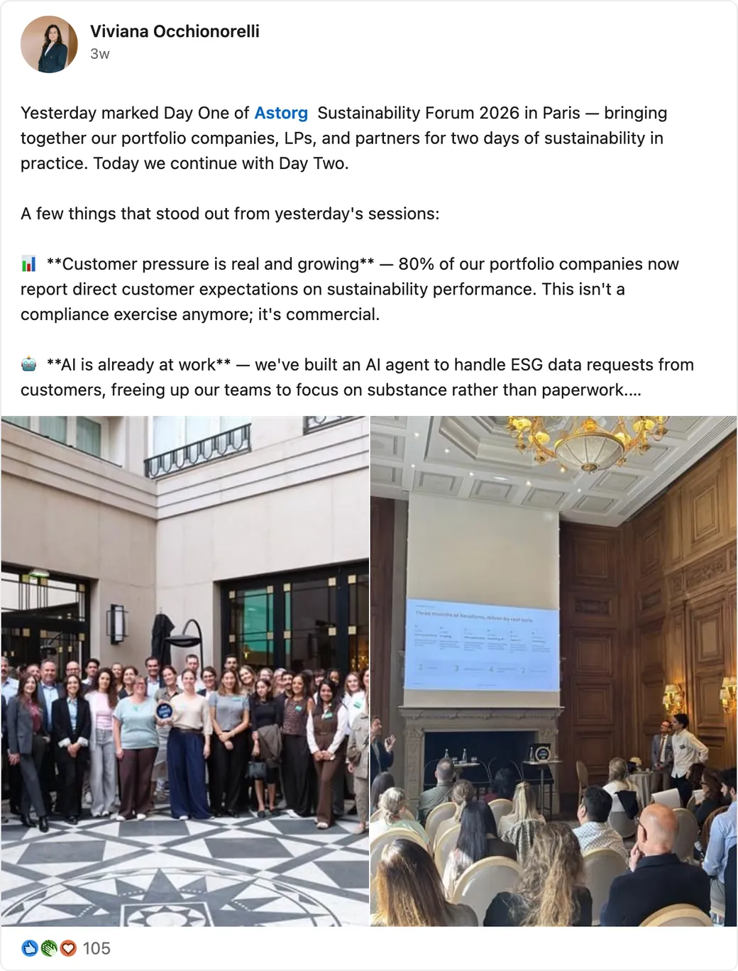 Viviana Occhionorelli's LinkedIn post with notes from Astorg's Sustainability Forum