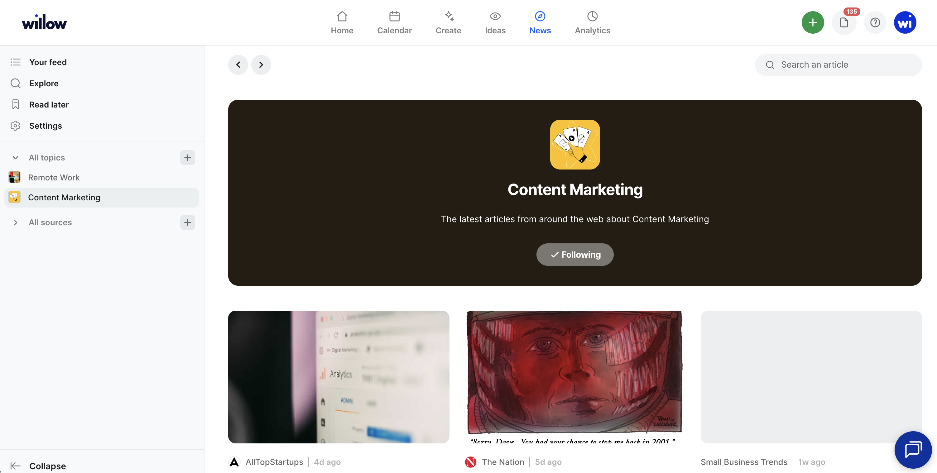 A Willow topic page for Content Marketing with a Following button and the latest articles on the topic.