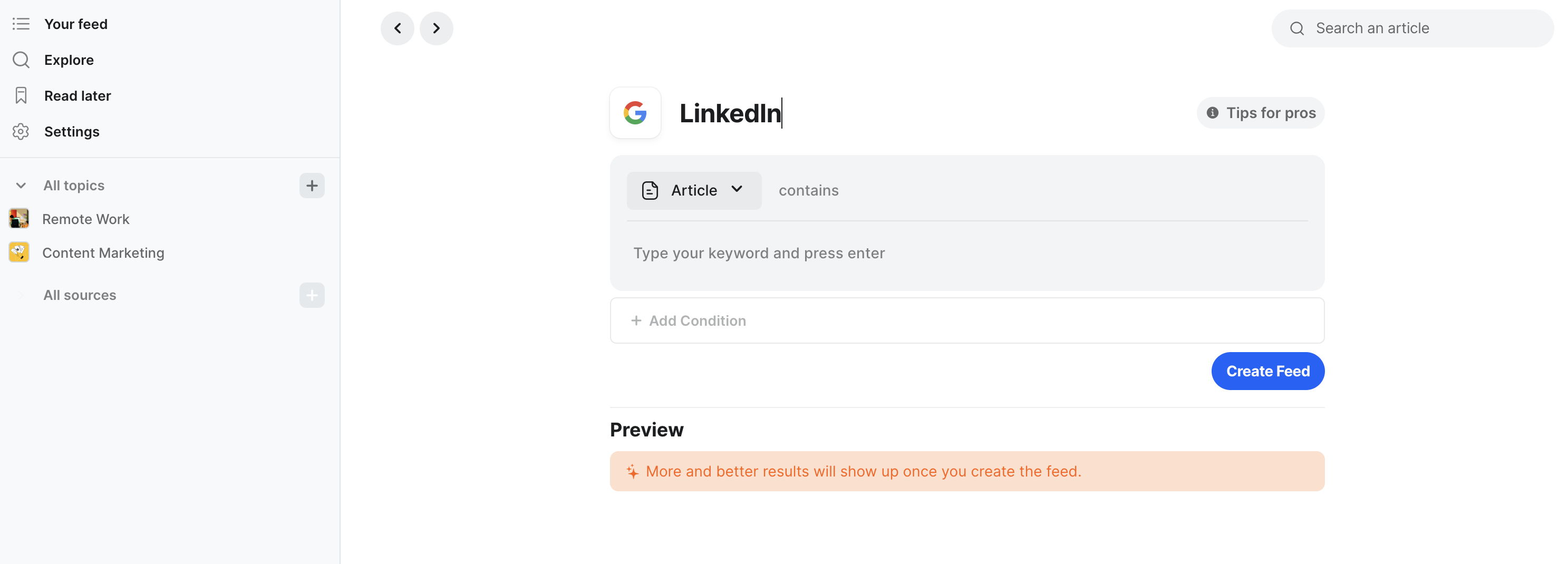 Setting up a keyword feed in Keyword Monitor: a keyword, an Article contains condition and a Create Feed button.
