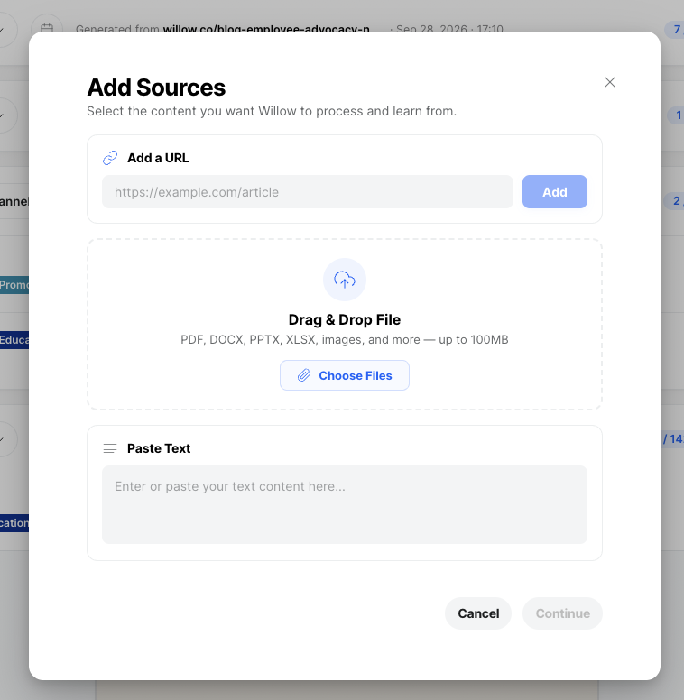 The Add Sources dialog with a drop zone for files.