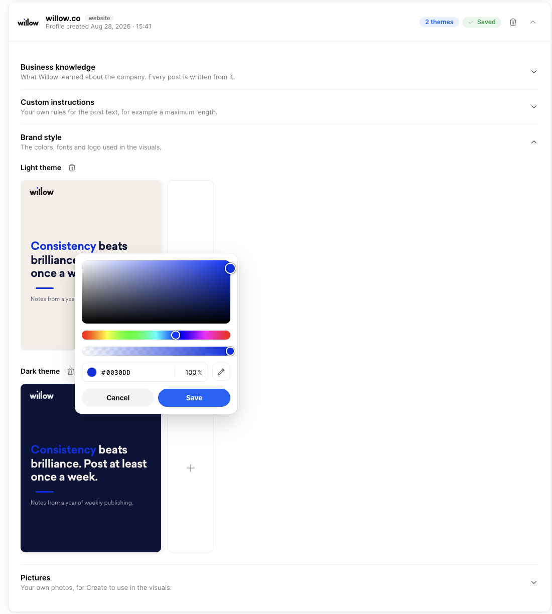 Editing a brand colour on the profile card with the colour picker open.
