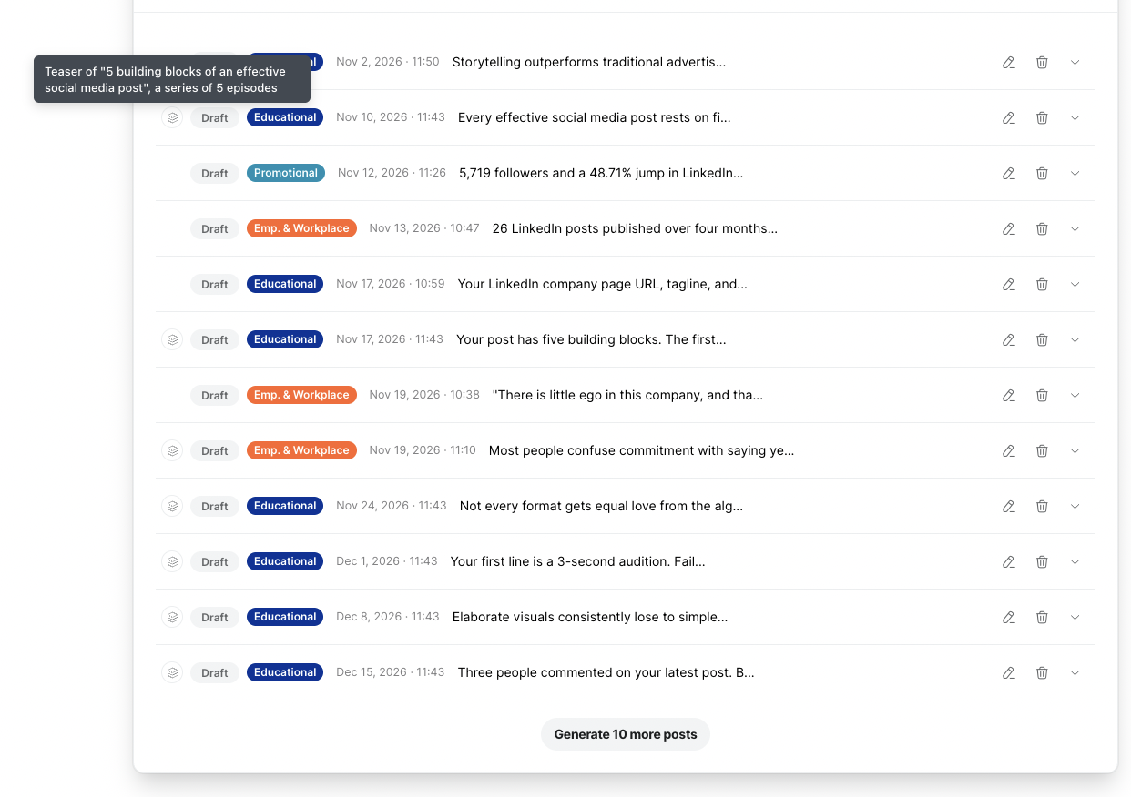 A batch showing a connected post series: one teaser and an episode for each item.