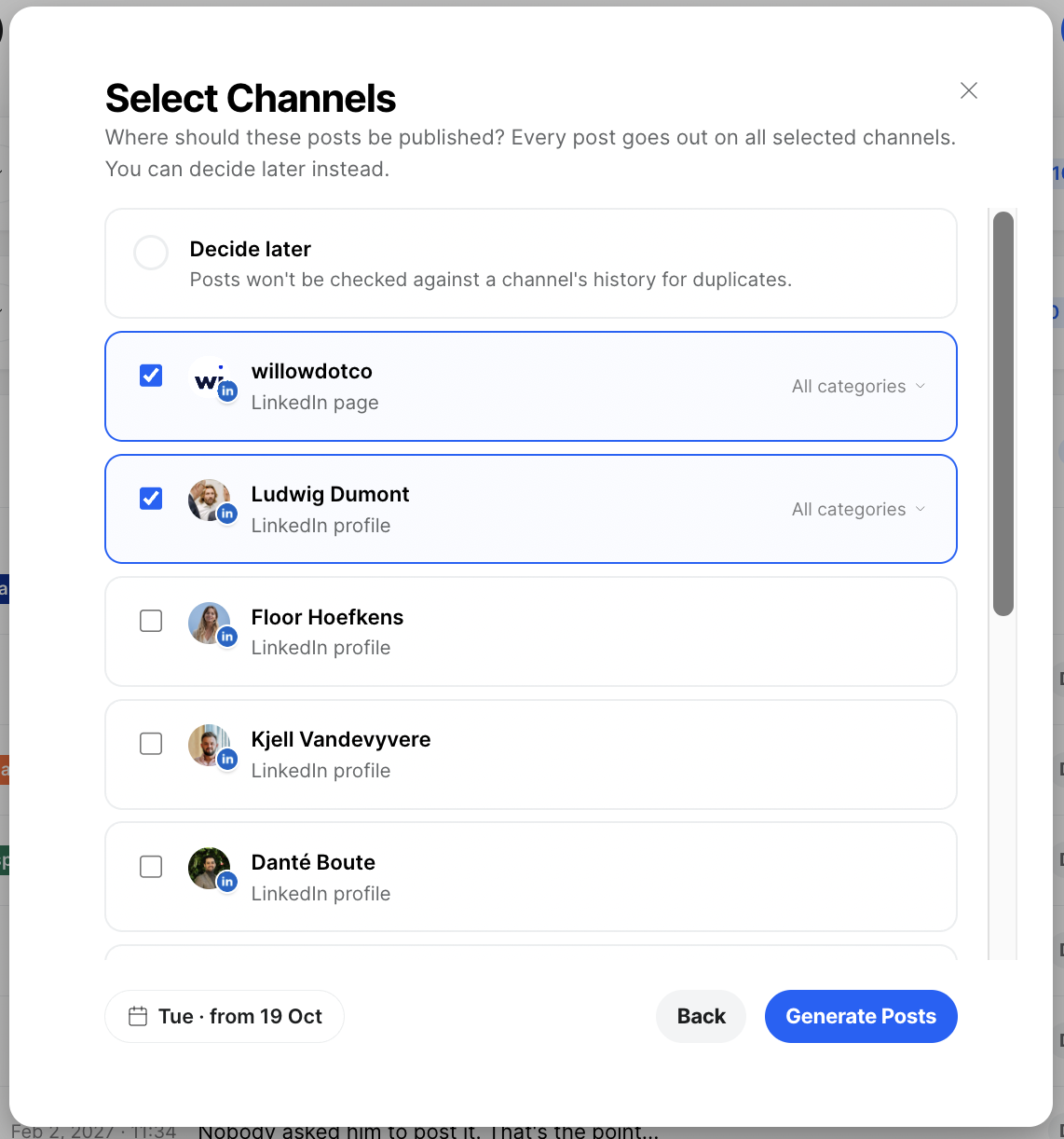 Choosing several channels for one Create batch.