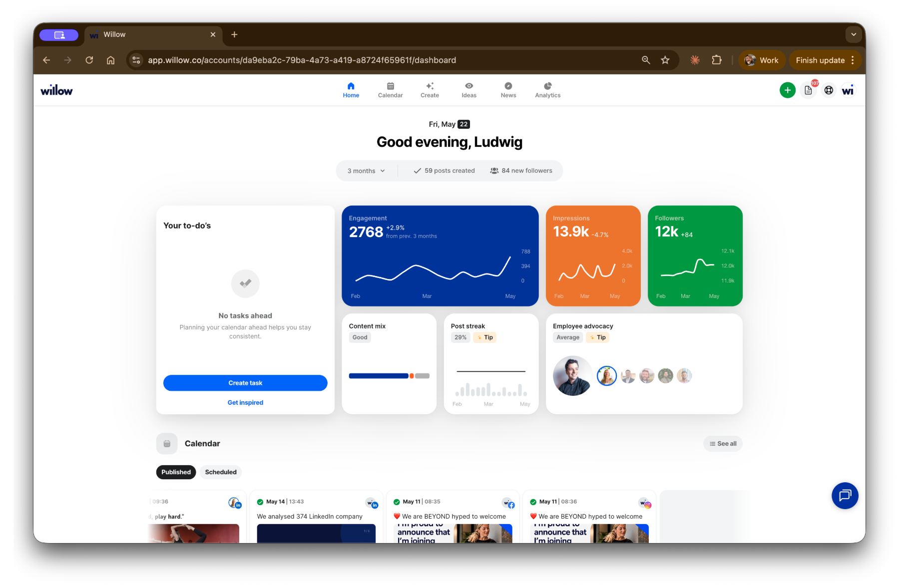 The Willow platform — content calendar, analytics and post streak in one dashboard.